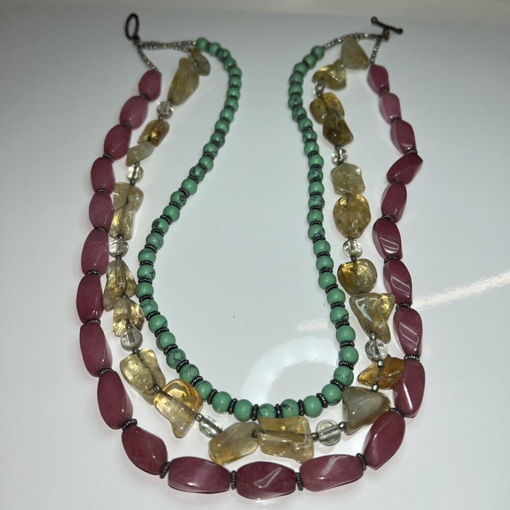 Vintage Multistrand Citrine, Rose Quartz And Foe Turquoise Stone Necklace